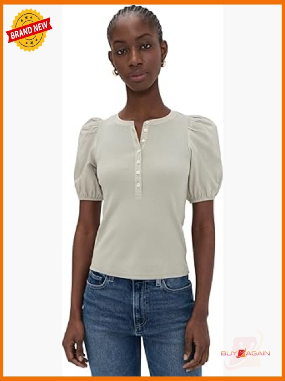 Ribbed Knit Henley Top with Puff Sleeves Regular Fit